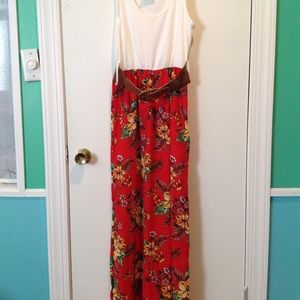White and floral maxi dress with belt